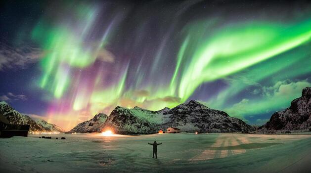 The spectacular green glow of the Northern Lights over a snowy landscape.